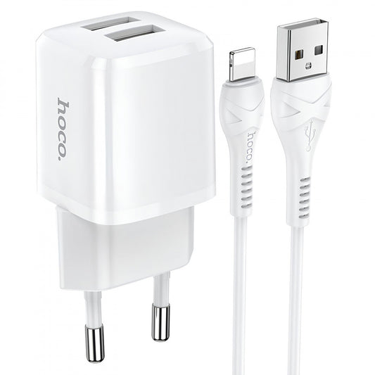 Home Charger | 2.4A | 2U | Lightning Cable (1m) — Hoco N8 — White