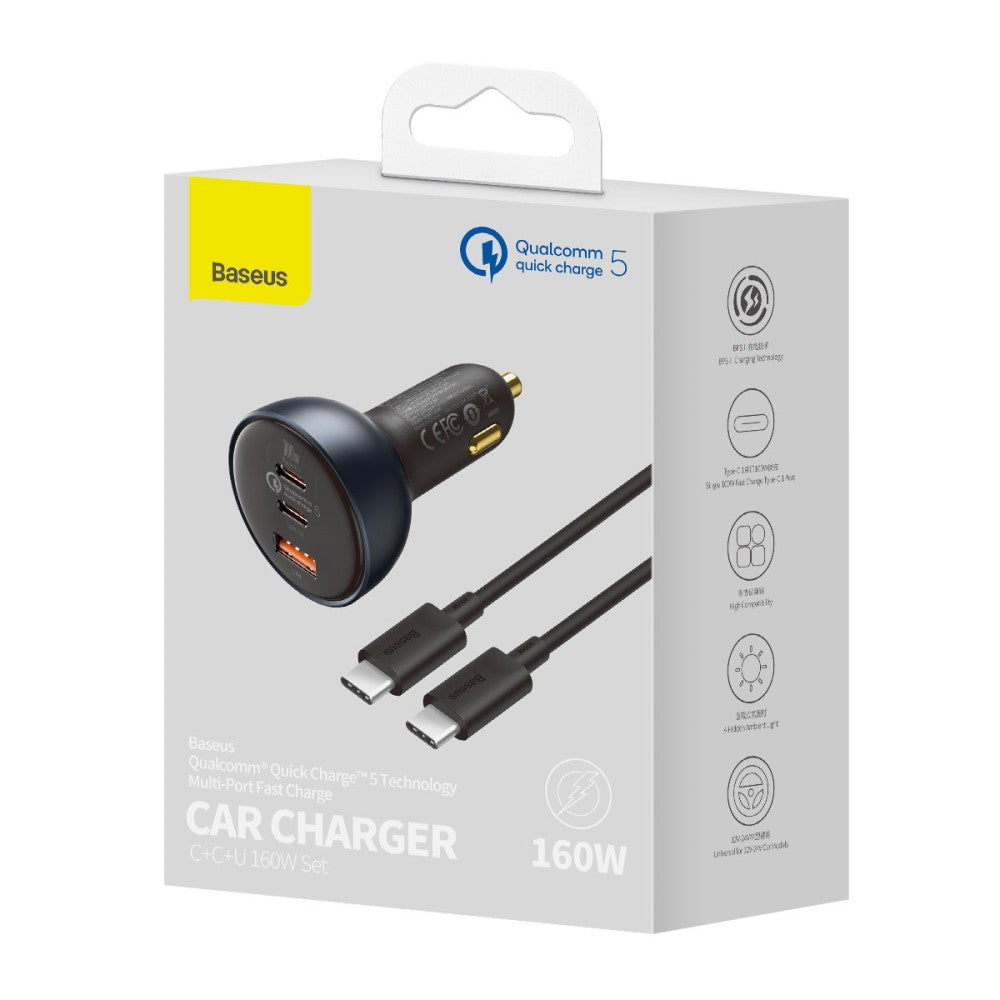 Car Charger | 160W | 1U | 2C | C to C Cable (1m) — Baseus (TZCCZM-0G) Qualcomm® Quick Charge™ 5 Technology Fast Charge Gray — TZCCZM-0G Gray