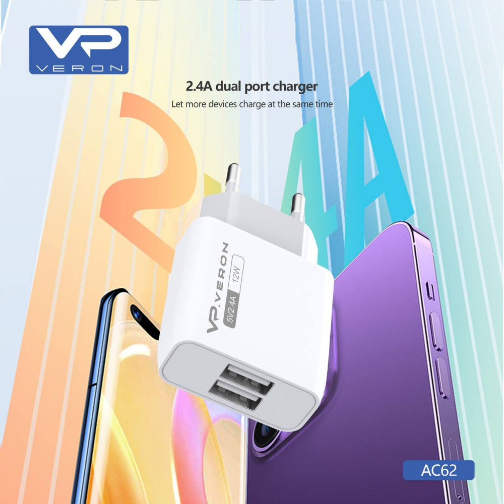 Home Charger | 2.4A | 2U | USB C Cable (1m) — Veron AC62C