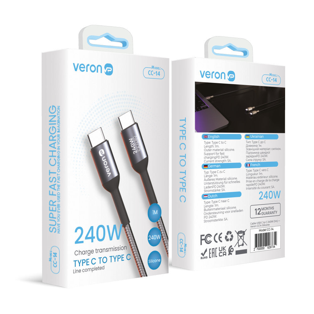 Кабель USB C to C 240W (1m) — Veron CC14 Silicon — Black