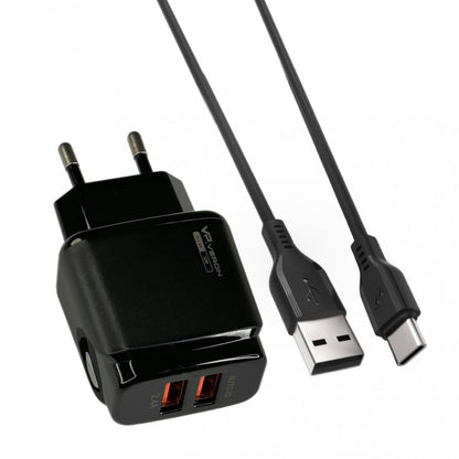 Home Charger | 2.4A | 2U | USB C Cable (1m) — Veron VR-C12C — Black