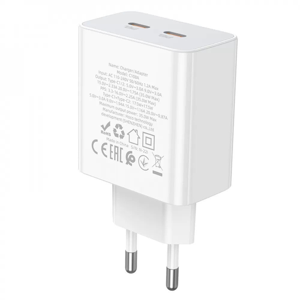 Home Charger | 35W | 2 PD | QC3.0 — Hoco C108A — White