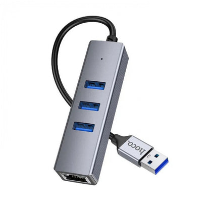 HUB USB To 3 USB3.0 & RJ45 — Hoco HB34 Easy link — Metal Gray