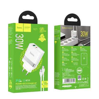 Home Charger | 30W | PD | QC3.0 | C to C Cable (1m) — Hoco N21 — White