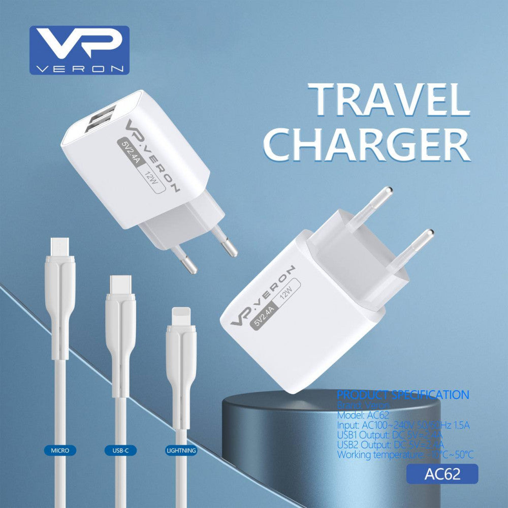 Home Charger | 2.4A | 2U | USB C Cable (1m) — Veron AC62C