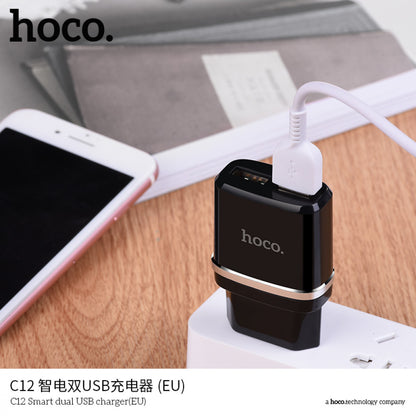 Home Charger | 2.4A | 2U | Lightning Cable (1m) — Hoco C12 Black