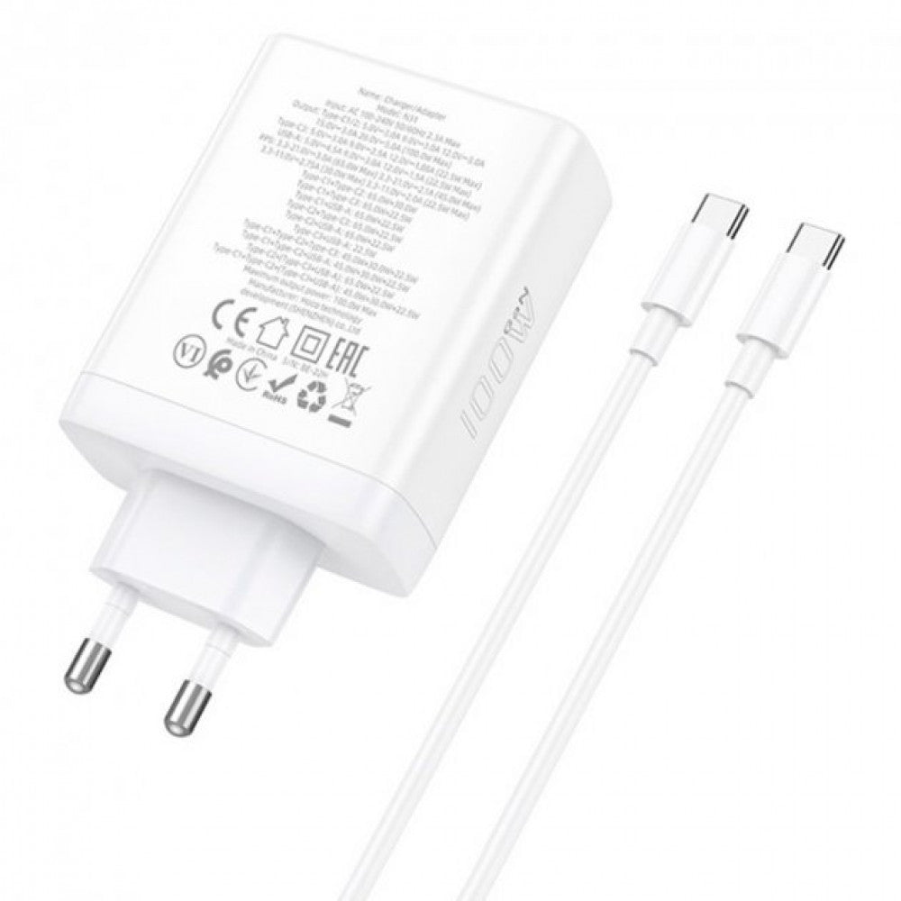 Home Charger | 100W | PD | QC3.0 | C to C Cable (1m) — Hoco N31 — White