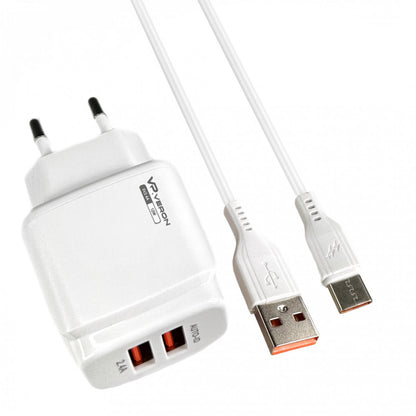 Home Charger | 2.4A | 2U | USB C Cable (1m) — Veron VR-C12C — White