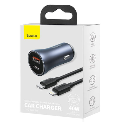 Car Charger | 40W | 1U | 1C | C to Lightning Cable (1m) — Baseus (TZCCJD-03) Golden Contactor Pro Quick Charger — TZCCJD-03 Blue