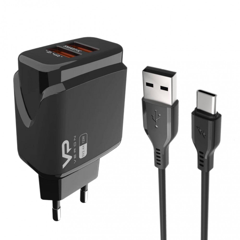 Home Charger | 2.4A | 2U | USB C Cable (1m) — Veron VR-C12C — Black