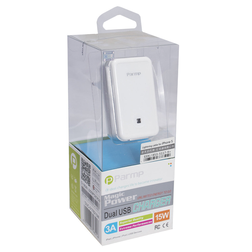 Home Charger | 3.0A | 2U | Lightning Cable (1m) — Parmp (DUC-0178210W) White