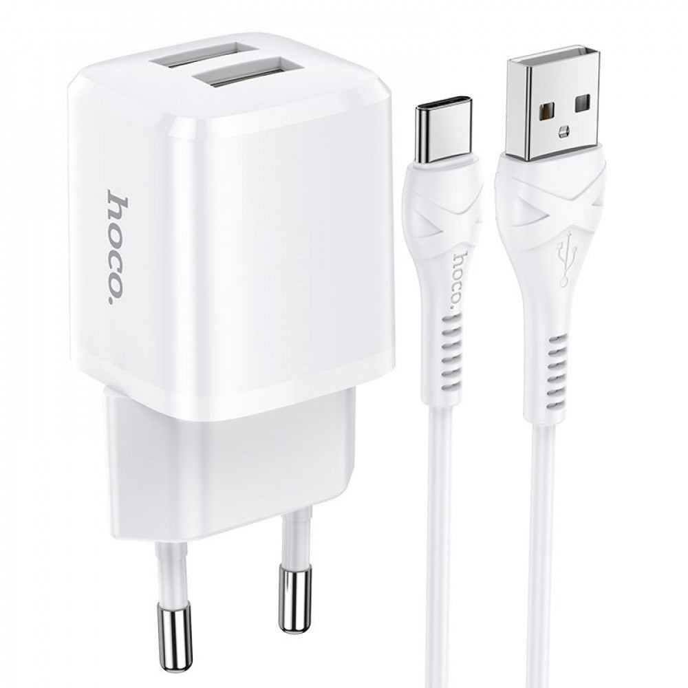 Home Charger | 2.4A | 2U | USB C Cable (1m) — Hoco N8 — White