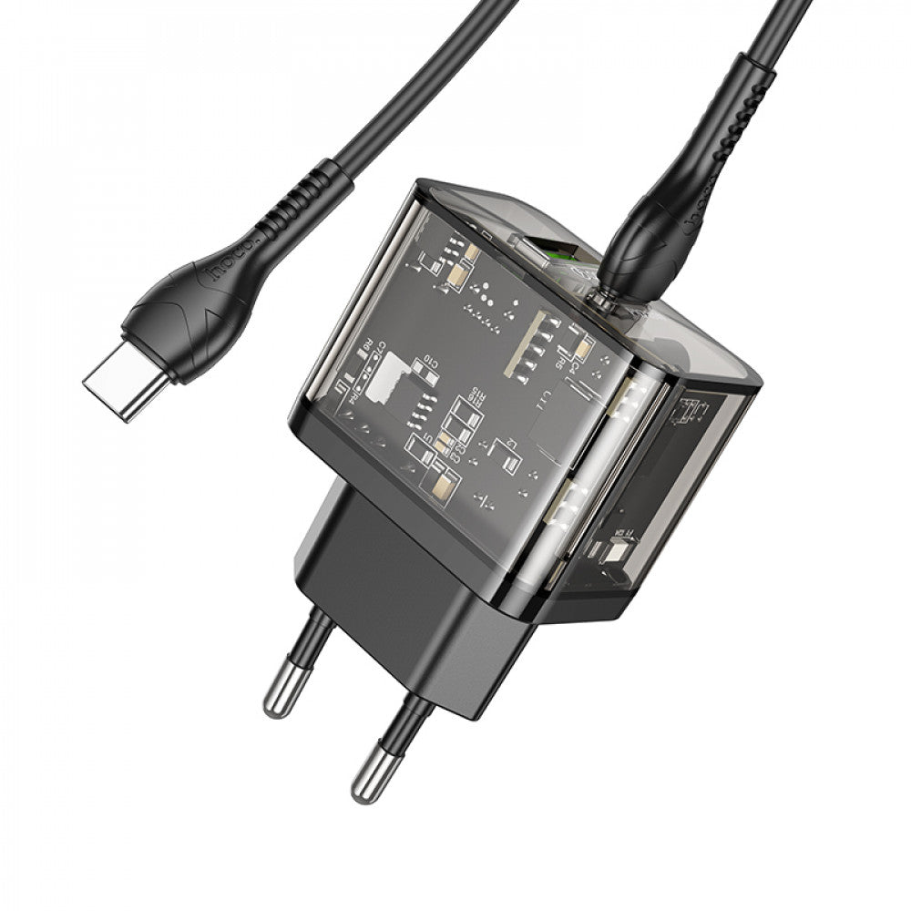 Home Charger | 20W | 2 PD | QC3.0 | C to C Cable (1m) — Hoco N34 Dazzling — Transparent Black