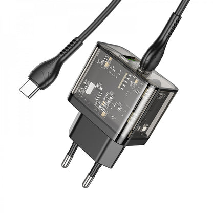 Home Charger | 20W | 2 PD | QC3.0 | C to C Cable (1m) — Hoco N34 Dazzling — Transparent Black