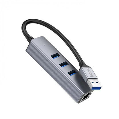 HUB USB To 3 USB3.0 & RJ45 — Hoco HB34 Easy link — Metal Gray