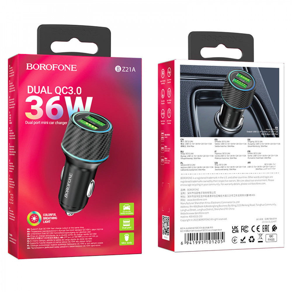 Car Charger | 36W | 2 QC3.0 — Borofone BZ21A — Black