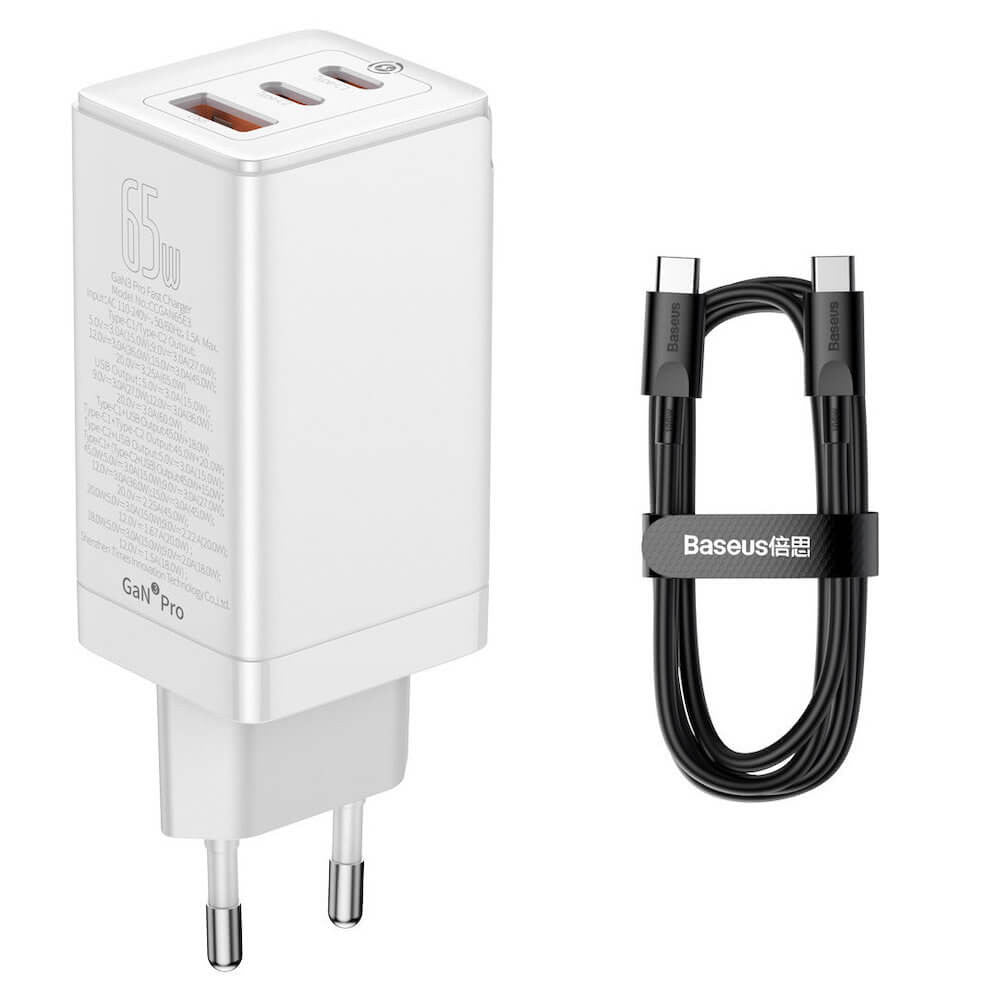 Home Charger | 65W | GaN3 | 1U | 2C | C to C Cable (1m) — Baseus (CCGP0501) Pro Fast Charger — CCGP050102 White