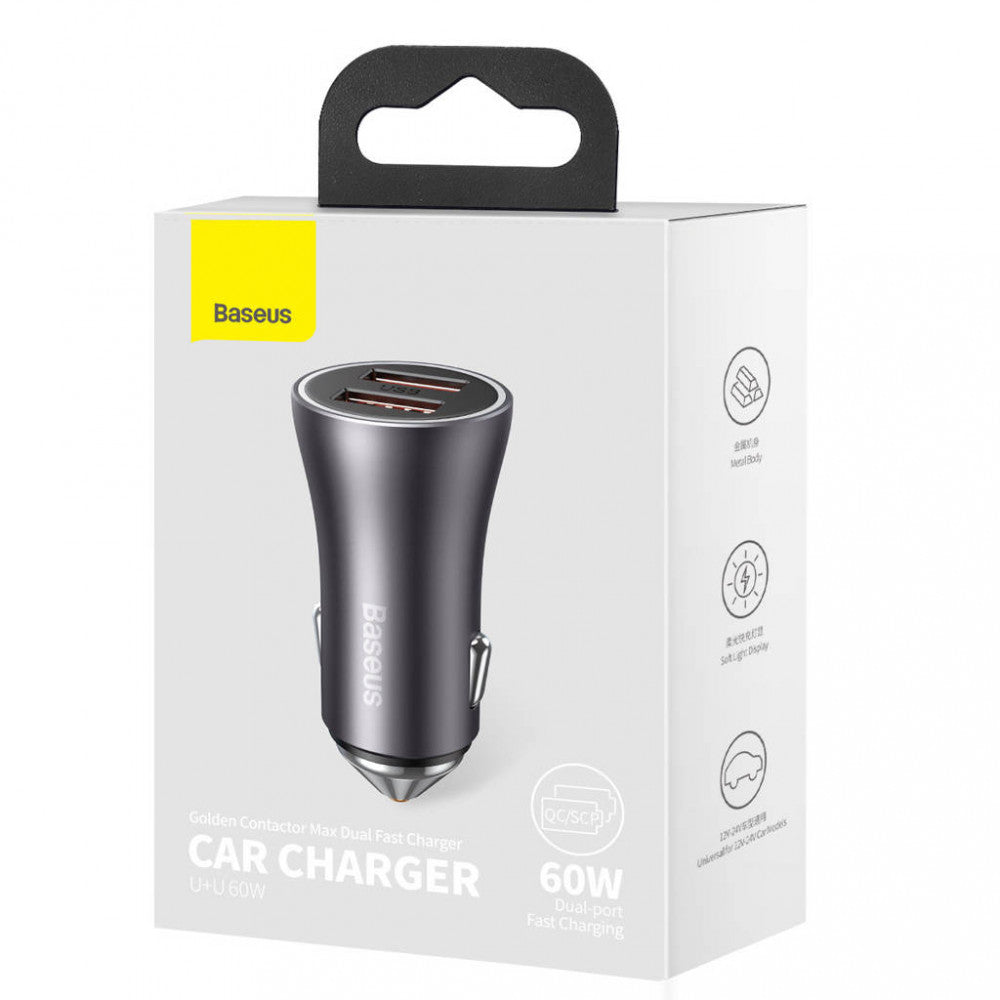 Car Charger | 60W | 2U — Baseus (CGJM0000) Golden Contactor Max Dual Fast Charger — CGJM000013 Dark Gray