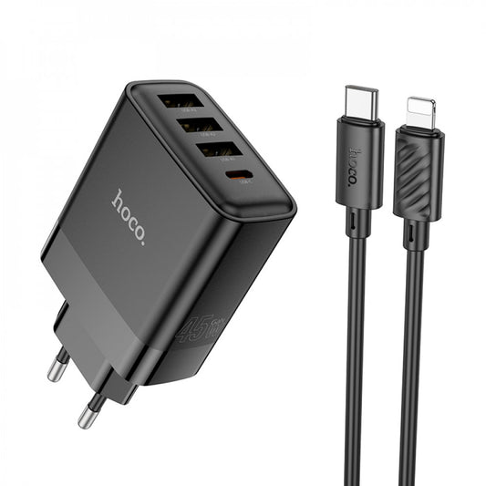 Home Charger | 45W | PD | QC3.0 | C to Lightning Cable (1m) — Hoco C127A — Black