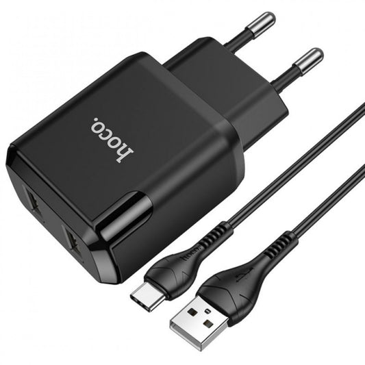 Home Charger | 2.1A | 2U | USB C Cable (1m) — Hoco N7 — Black