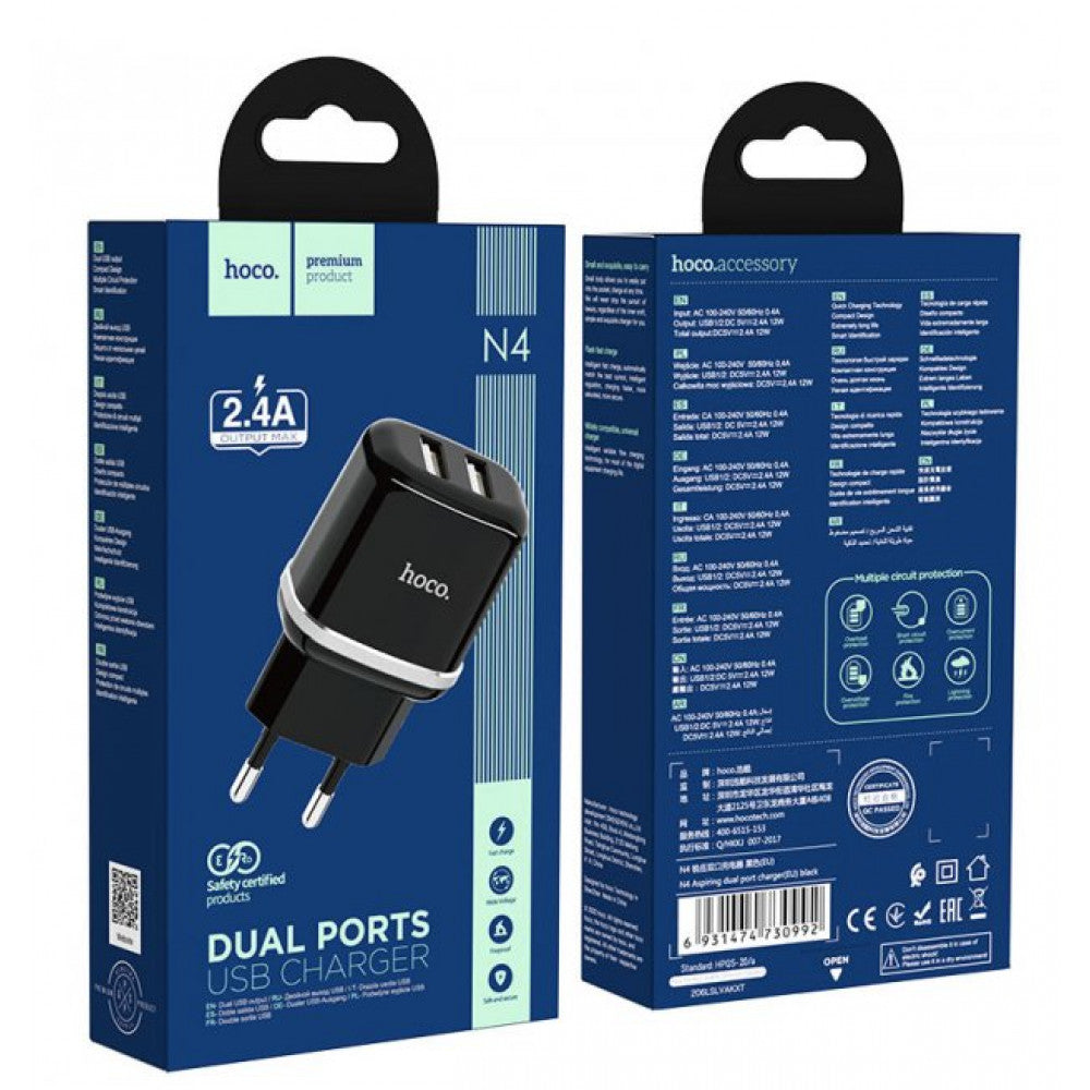 Home Charger | 2.4A | 2U — Hoco N4 — Black