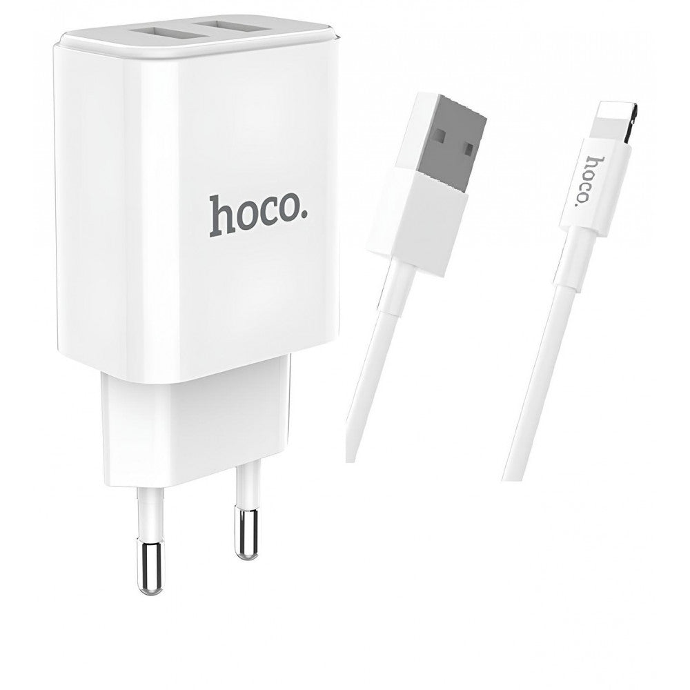 Home Charger | 2.1A | 2U | Lightning Cable (1m) — Hoco C62A White