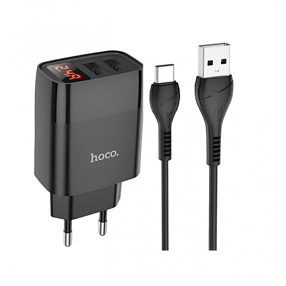 Home Charger | 2.4A | 2U | USB C Cable (1m) — Hoco C86A Digital Display — Black