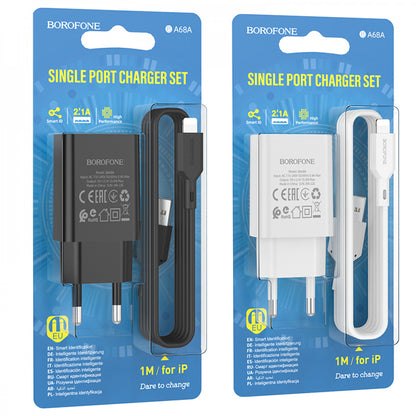 Home Charger | 2.1A | 1U | Lightning Cable (1m) — Borofone BA68A — Black