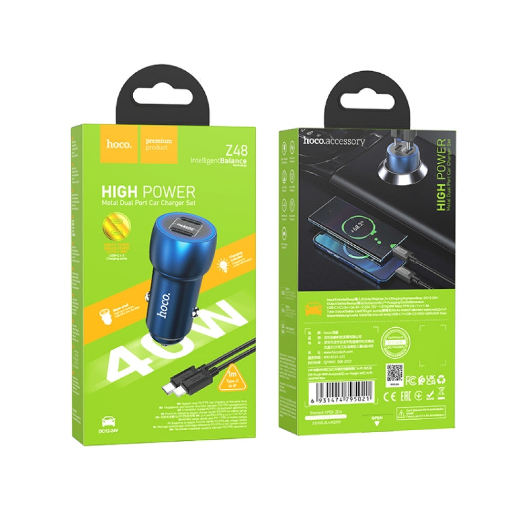 Car Charger | 40W | 2 PD | Cable C to Lightning Cable (1m) — Hoco Z48 — Sapphire Blue