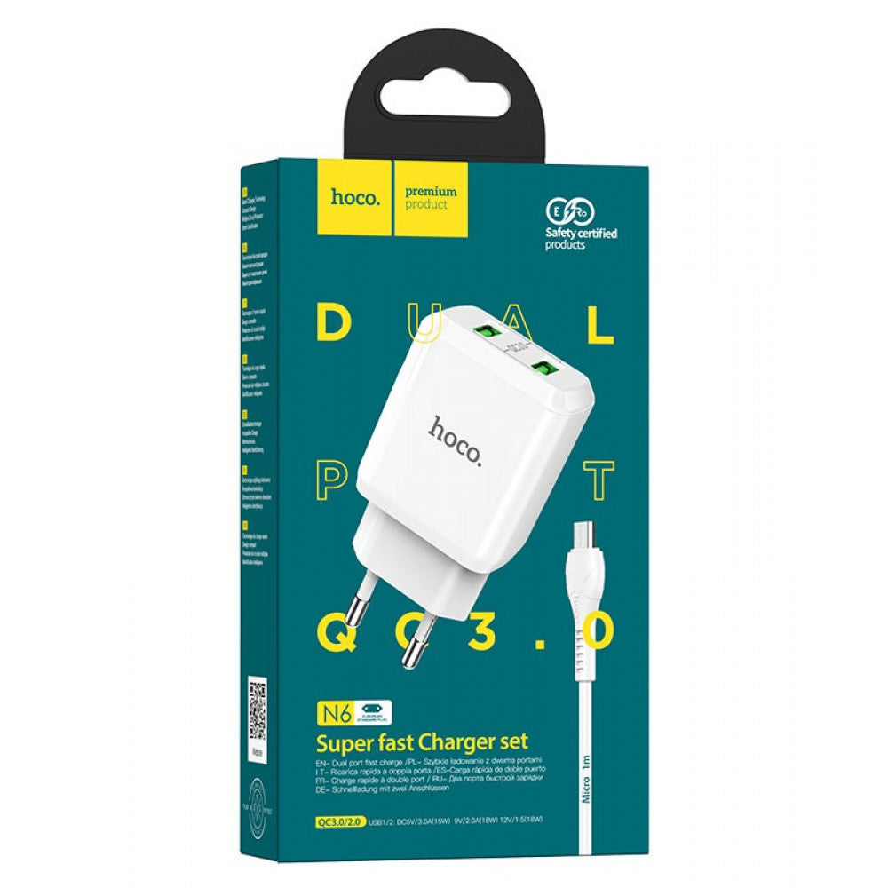 Home Charger | 18W | QC3.0 | Micro Cable (1m) — Hoco N6 — White