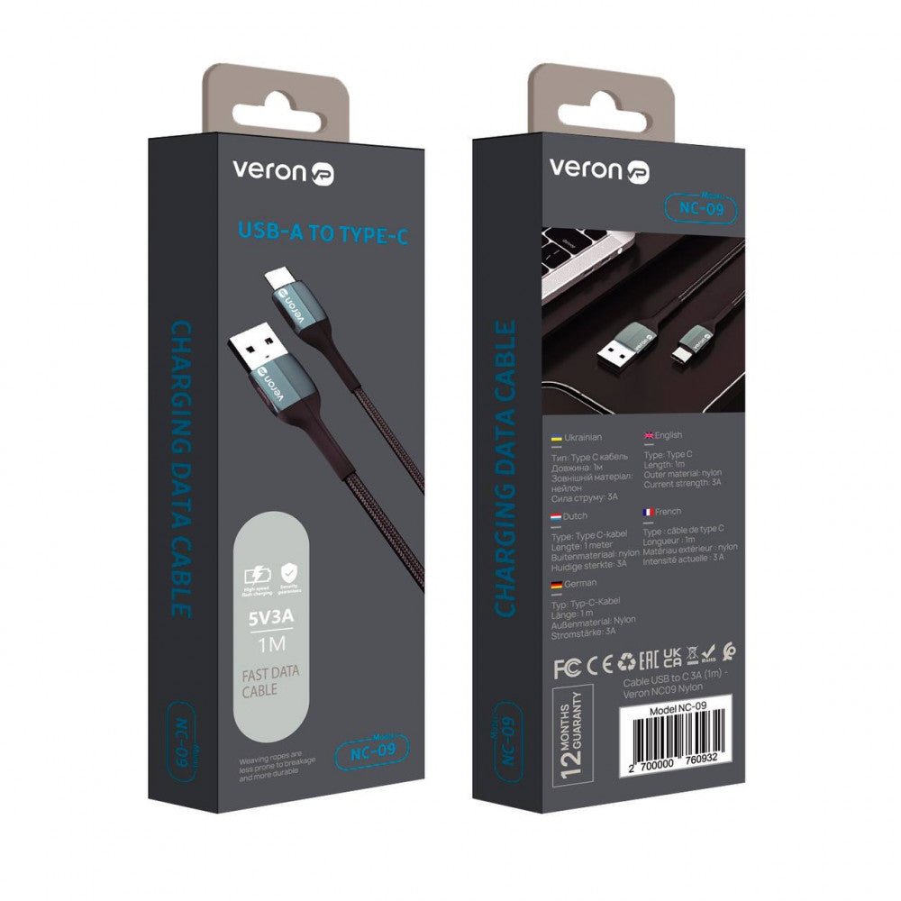 Nylon Cable USB C 3A (1m) Veron NC09 — Black