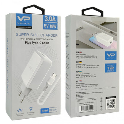 Home Charger | 18W | 1U | USB C Cable (1m) — Veron VR-C13Q — White