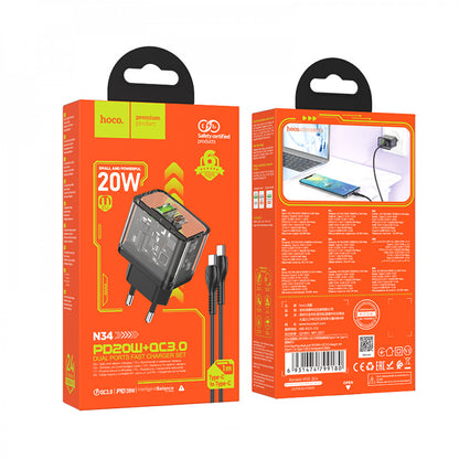 Home Charger | 20W | 2 PD | QC3.0 | C to C Cable (1m) — Hoco N34 Dazzling — Transparent Black