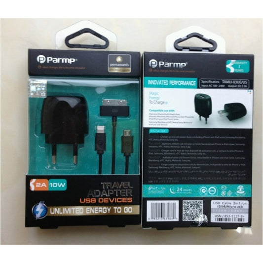 Home Charger | 2.1A | 1U | 3 in 1 ( D , L , M) Cable (1m) — Parmp (TAMU-03UE) Black