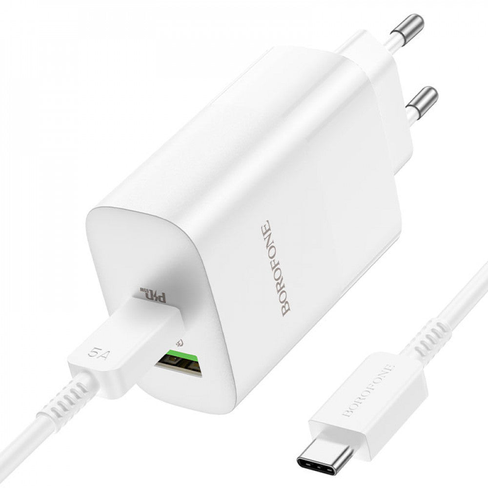 Home Charger | 65W | PD | QC3.0 | C to C Cable (1m) — Borofone BN10 — White