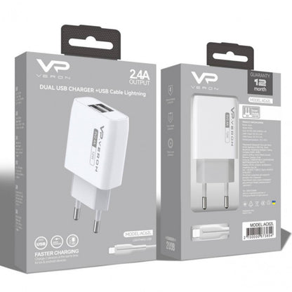 Home Charger | 2.4A | 2U | USB C Cable (1m) — Veron AC62C