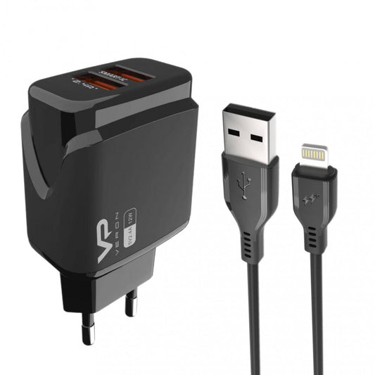 Home Charger | 2.4A | 2U | Lightning Cable (1m) — Veron VR-C12L — Black