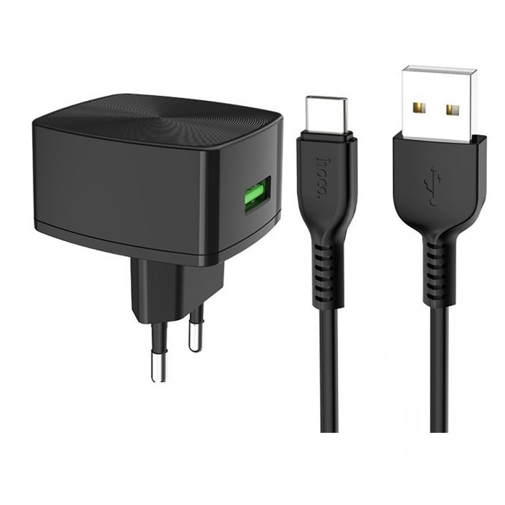 Home Charger | 18W | QC3.0 | USB C Cable (1m) — Hoco C70A — Black