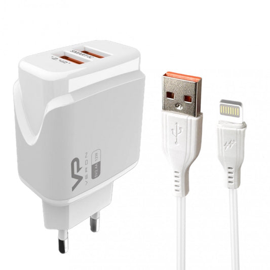 Home Charger | 2.4A | 2U | Lightning Cable (1m) — Veron VR-C12L — White